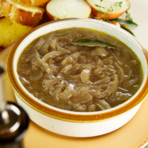 French onion soup with a side of homemade challah croutons