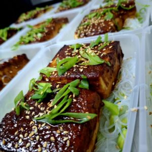 honey-miso baked tofu with glass noodles, peas, and cashews